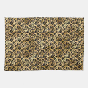 Black and Gold Damask Pattern Kitchen Towel