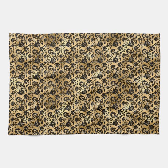 Black and Gold Damask Pattern Kitchen Towel (Horizontal)