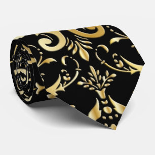 Black and Gold Damask Pattern Neck Tie