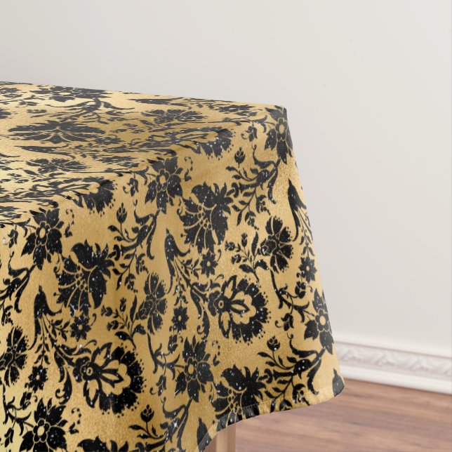 Black and Gold Damask Pattern Tablecloth (In Situ)