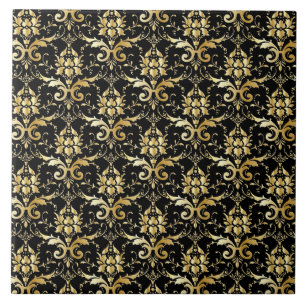 Black and Gold Damask Pattern Tile