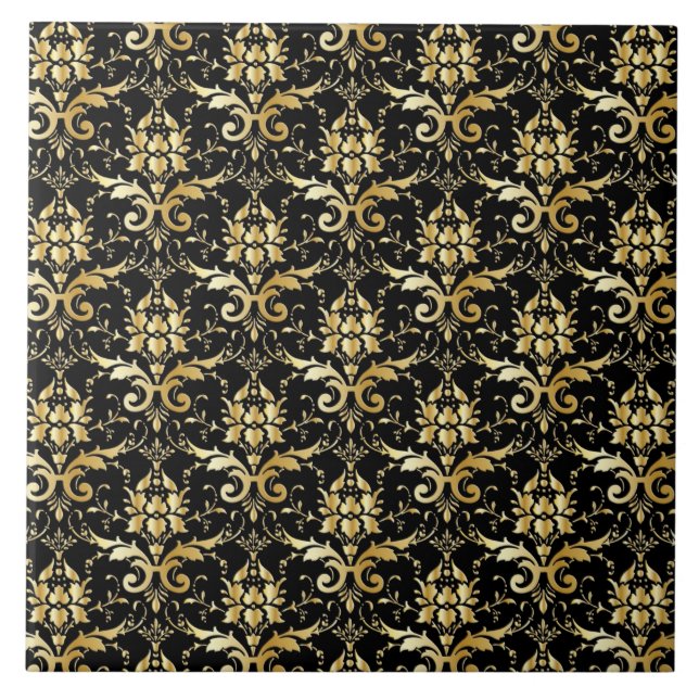Black and Gold Damask Pattern Tile (Front)