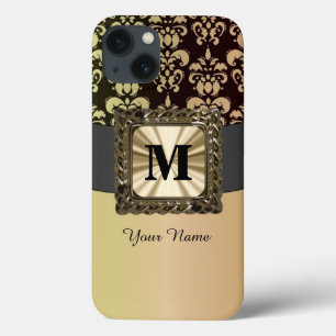 Black and gold damask personalized iPhone 13 case