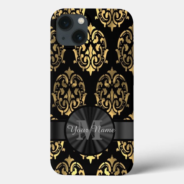 Black and gold damask personalized monogram Case-Mate iPhone case (Back)