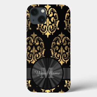 Black and gold damask personalized monogram iPhone 13 case