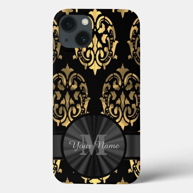 Black and gold damask personalized monogram Case-Mate iPhone case (Back)
