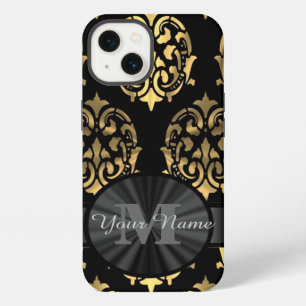 Black and gold damask personalized monogram iPhone 13 case