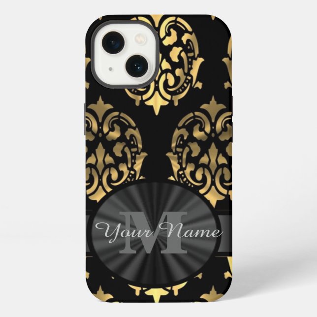 Black and gold damask personalized monogram iPhone case (Back)
