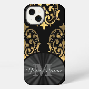 Black and gold damask personalized monogram iPhone 13 case
