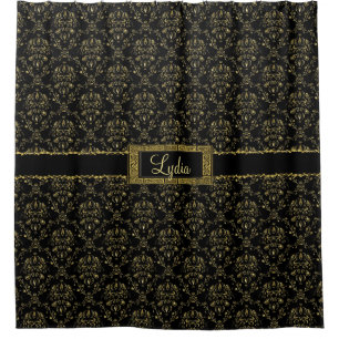 Black and Gold Damask Personalized Shower Curtain