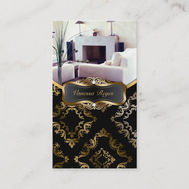 Black and Gold Damask Photo Business Card (Front)