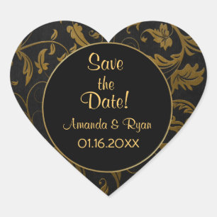 Black and Gold Damask - Save the Date - Customize Heart Sticker
