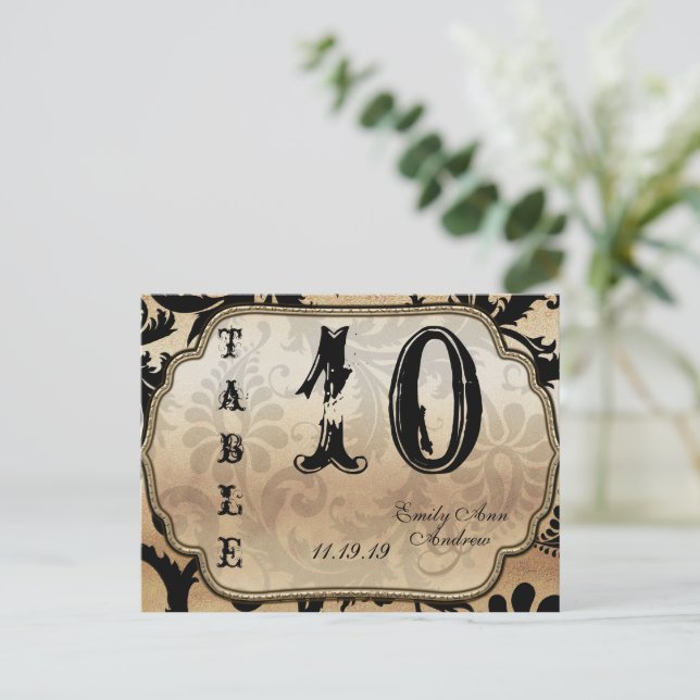 Black and Gold Damask Swirls Table Number Postcard (Standing Front)