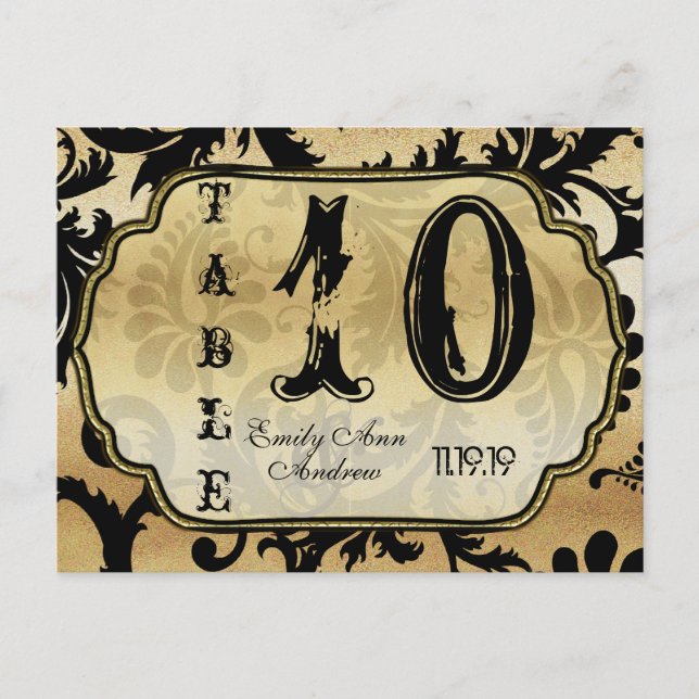 Black and Gold Damask Swirls Table Number Postcard (Front)
