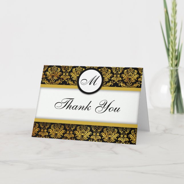 Black and Gold Damask Thank You Cards (Front)