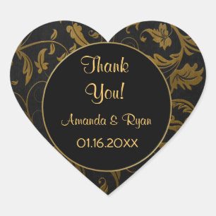Black and Gold Damask - Thank You - Customize Heart Sticker