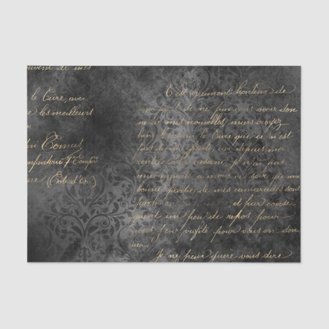 Black and Gold Damask Vintage Calligraphy Tissue Paper (Front)