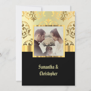 Black and gold damask wedding photo invitation