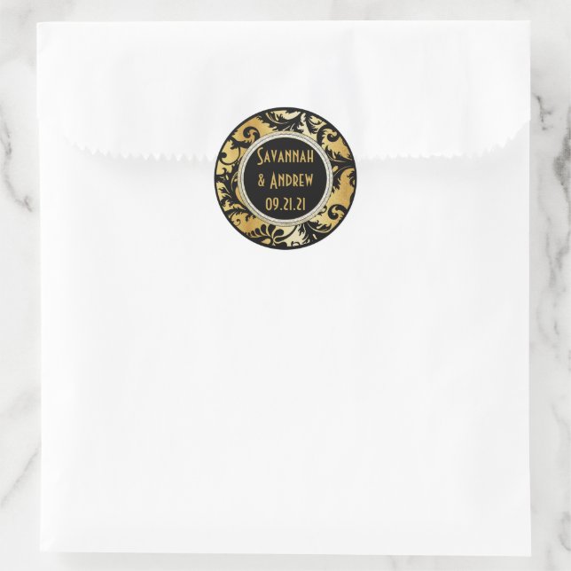 Black and Gold Damask Wedding sticker (Bag)