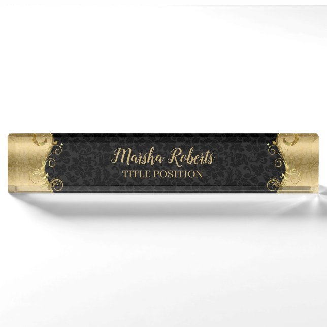 Black And Gold Damask With Swirls Nameplate (Front)