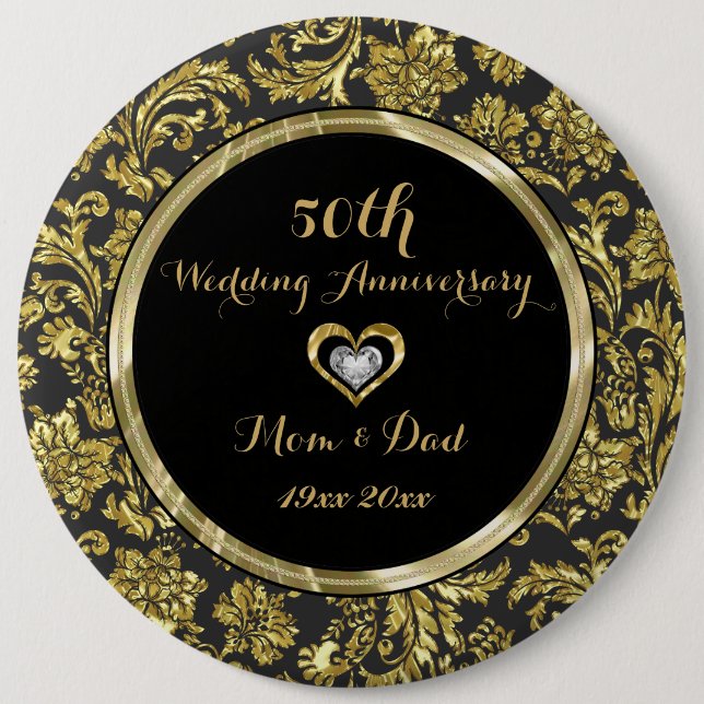 Black And Gold Damasks 50th Wedding Anniversary 2 6 Inch Round Button (Front)