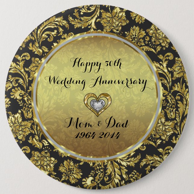 Black And Gold Damasks 50th Wedding Anniversary 6 Inch Round Button (Front)