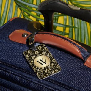 Black and Gold Deco Fan Monogrammed Luggage Tag