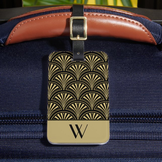 Black and Gold Deco Fan Monogrammed Luggage Tag (Front Insitu 2)