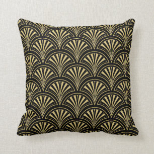 Black and Gold Deco Fan Pattern Throw Pillow