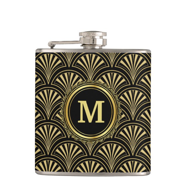 Black and Gold Deco Fans Monogram Hip Flask (Front)