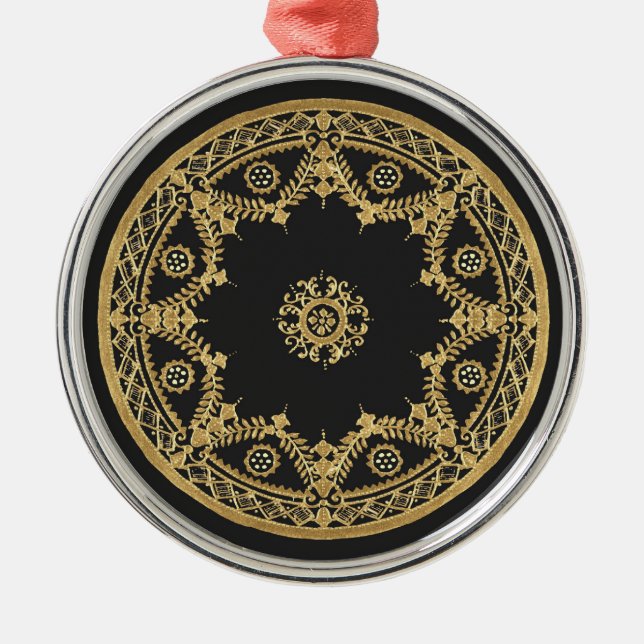 Black and Gold Decorative Design Metal Ornament (Front)