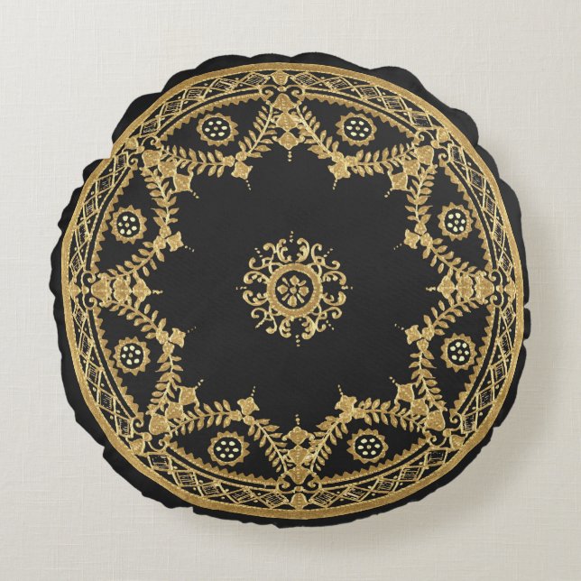 Black and Gold Decorative Design Round Pillow (Front)
