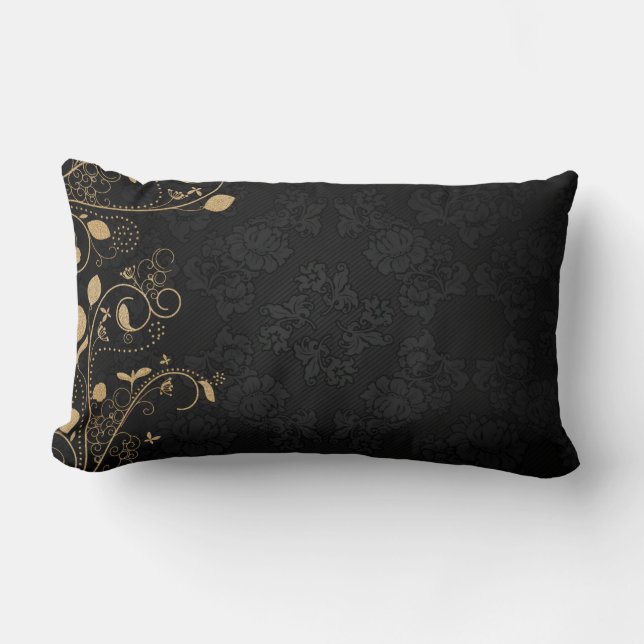 Black and Gold Decorative Pattern Lumbar Pillow (Front)