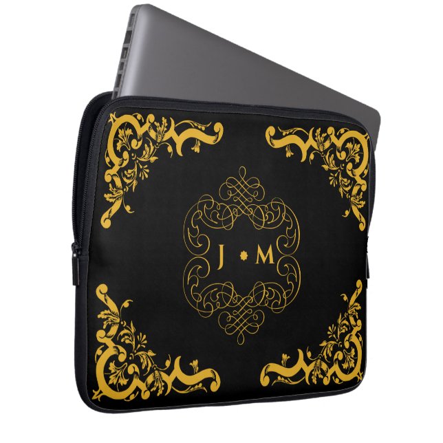 Black and Gold decorative with initials Laptop Sleeve (Front Right)
