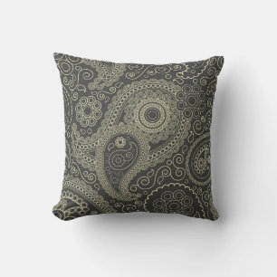 Black and Gold Delicate Ornate Paisley Throw Pillow