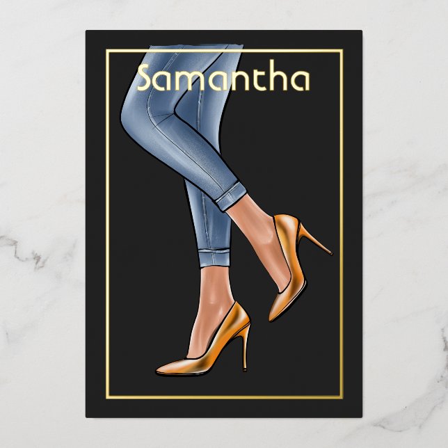 Black and Gold Denim Woman Birthday Party Foil Inv (Front)