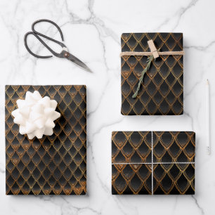 Black and Gold Dragon Scales Wrapping Paper Sheet