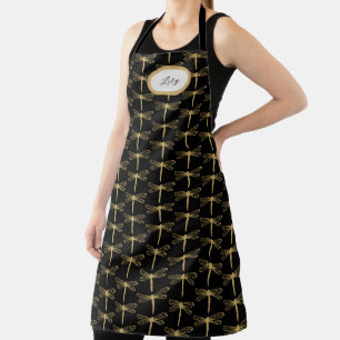 Black and Gold Dragonfly Pattern Apron