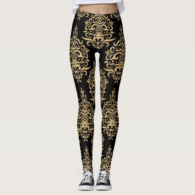 Black and Gold Dressy Damask Leggings (Front)