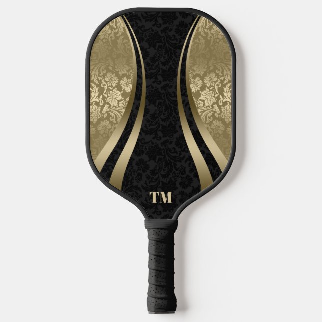 Black and Gold Dynamic Stripes Damasks Pickleball Paddle (Front)
