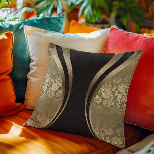 Black and Gold Dynamic Stripes Damasks Throw Pillow