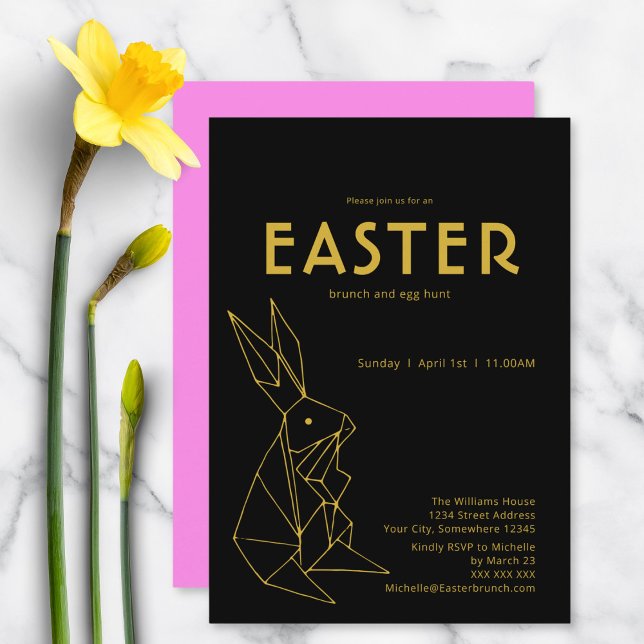 Black and Gold Easter Brunch Egg Hunt Invitation (Front and back)