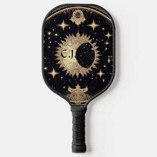 Black and Gold Eerie Gothic Sun Moon Monogram Pickleball Paddle