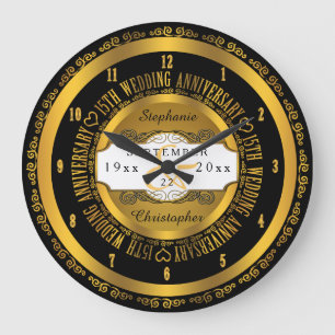 Black and Gold Elegant 15th Wedding Anniversary Large Clock