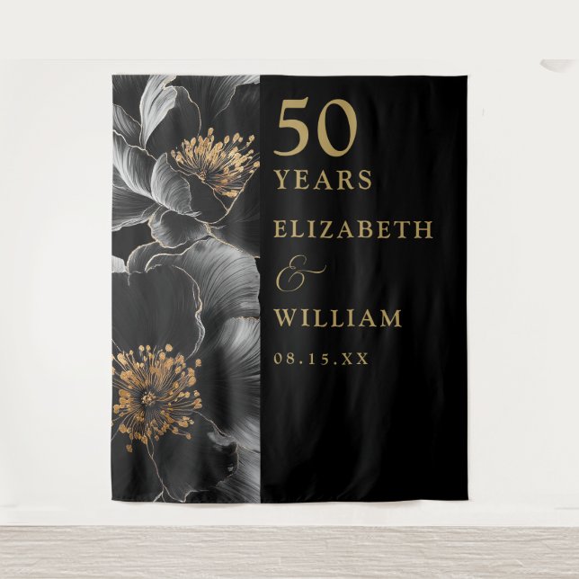 Black And Gold Elegant 50th Anniversary Backdrop Tapestry (Front)