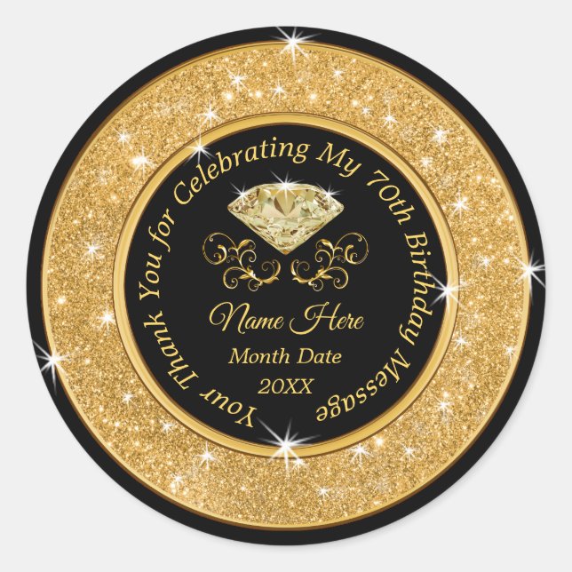 Black and Gold Elegant 70th Birthday Stickers (Front)