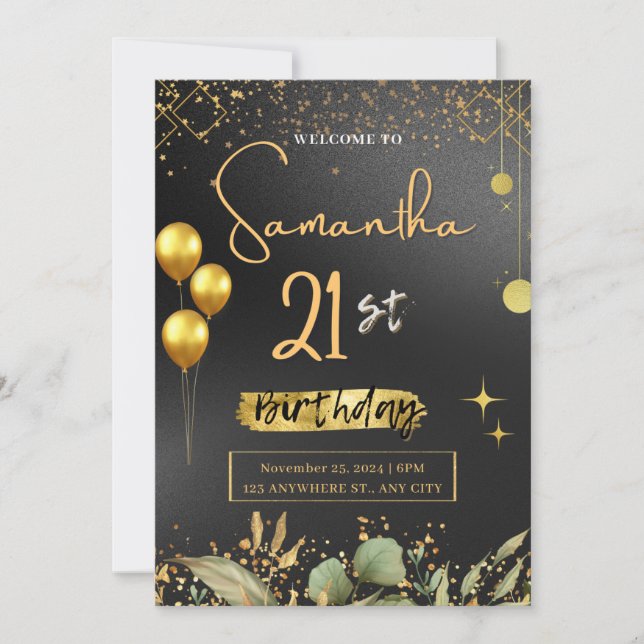 Black and Gold Elegant Birthday Party Invitation  (Front)