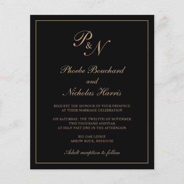 Black and Gold Elegant Budget Wedding Invite (Front)