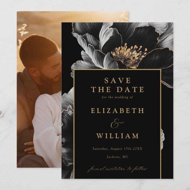 Black And Gold Elegant Chic Floral Photo Wedding Save The Date (Front/Back)