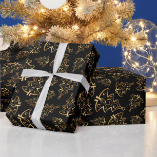 Black and Gold Elegant Christmas Trees Wrapping Paper